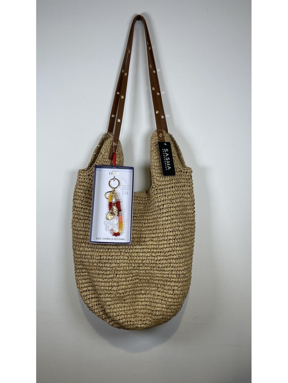 NWT! SASHA Straw Bag with Brown Studded Leather Straps and nOir Beaded Keychain